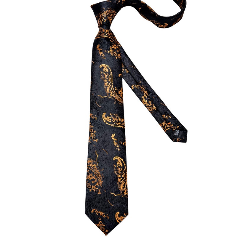 DiBanGu Mens Tie Set Silk Solid Paisley Necktie and Pocket Square Cufflinks Classic Formal Ties for Men Wedding Party, Black Gold - Image 5
